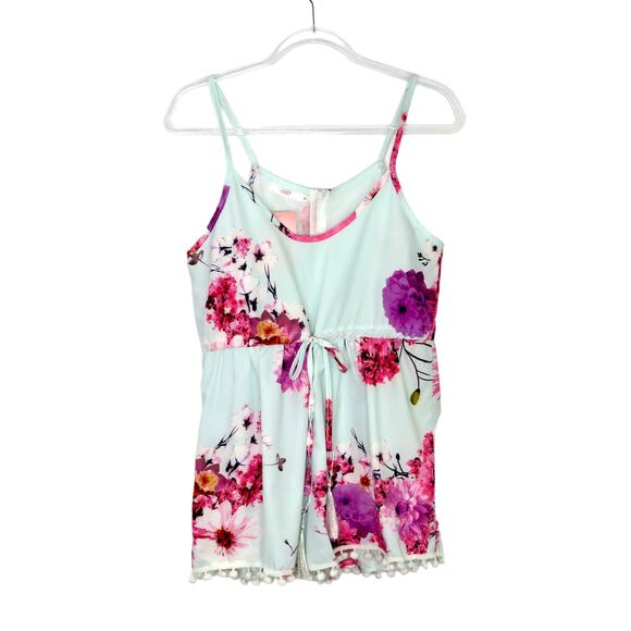 Shein Light Blue Floral Romper Pom Pom Fringe Small Coquette - Picture 3 of 7